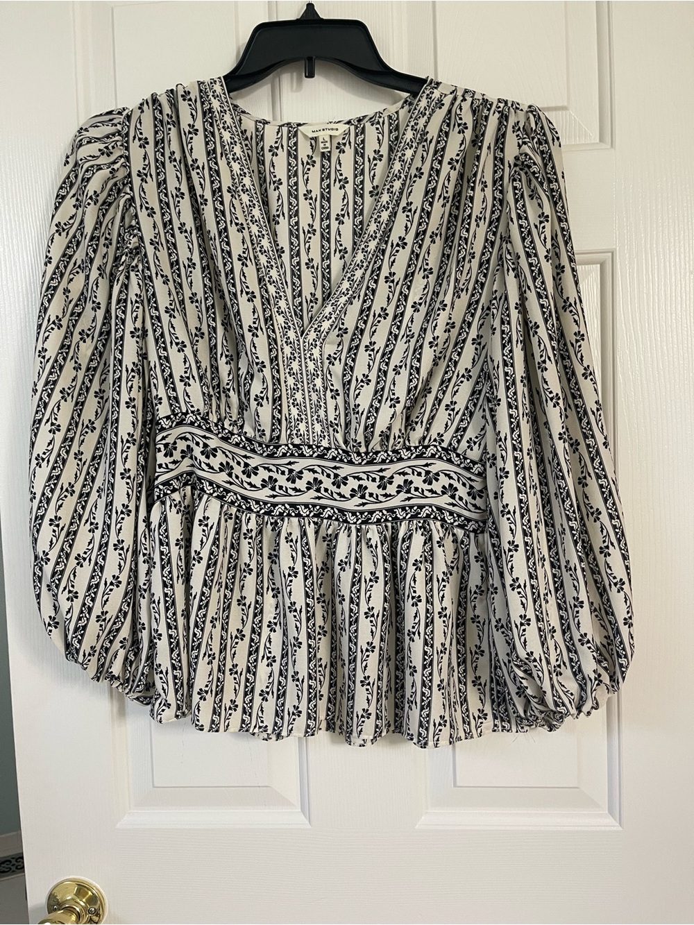 Max Studio Black & Cream Floral Stripe Peplum Blouse Puff Sleeve Size L